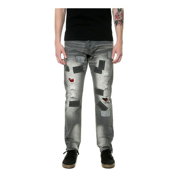 Alion Mens Denim Pants Straight Fit Destroyed Zippers Skinny Jeans 